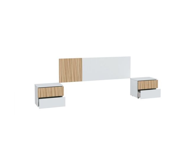 Cabecero para cama de 135-150 cm y 2 mesitas con cajones en blanco artik y natur Ethna Blanco Artik (Blanco Mate) - Natur 166 x 50 x 3 cm