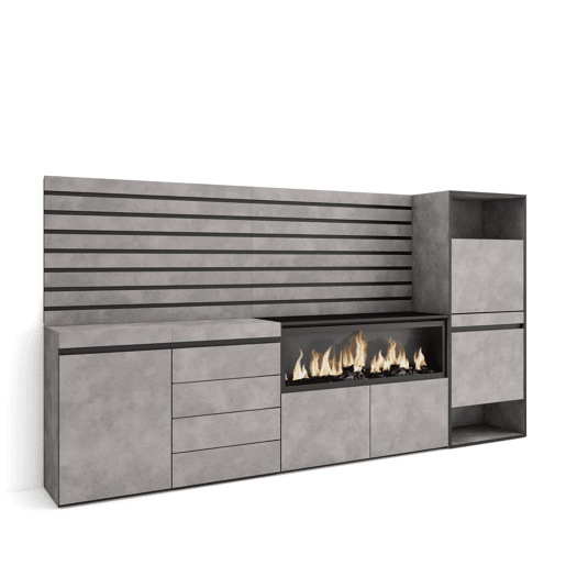 Aparador, Buffet, Amplo Espaço Armazenamento, 274x35x145cm, Para quarto, dormitório, Lareira eléctrica XXL, Cómoda, Sapateira, Estilo moderno, Cimento Aparador, Buffet, Amplo Espaço Armazenamento, 274x35x145cm, Para quarto, dormitório, Lareira eléctrica XXL, Cómoda, Sapateira, Estilo moderno, Cimento