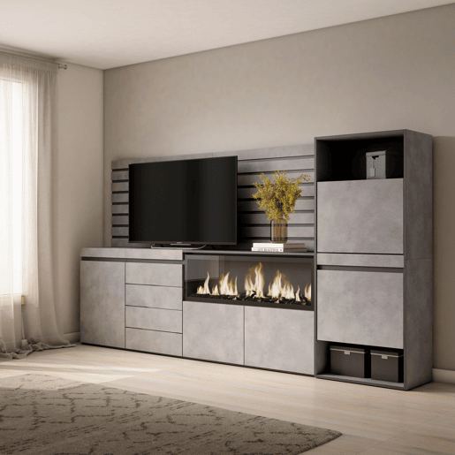 Aparador, Buffet, Amplo Espaço Armazenamento, 274x35x145cm, Para quarto, dormitório, Lareira eléctrica XXL, Cómoda, Sapateira, Estilo moderno, Cimento Aparador, Buffet, Amplo Espaço Armazenamento, 274x35x145cm, Para quarto, dormitório, Lareira eléctrica XXL, Cómoda, Sapateira, Estilo moderno, Cimento
