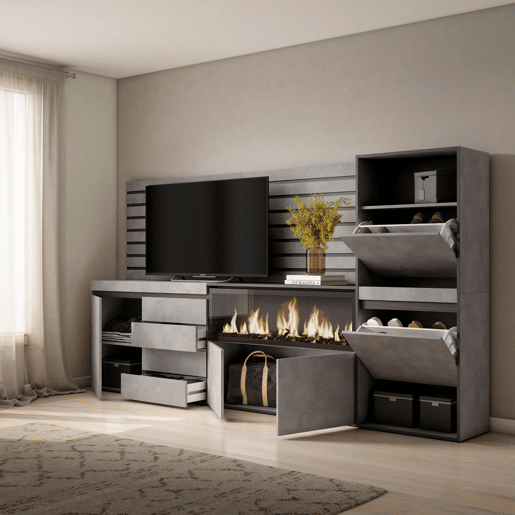 Aparador, Buffet, Amplo Espaço Armazenamento, 274x35x145cm, Para quarto, dormitório, Lareira eléctrica XXL, Cómoda, Sapateira, Estilo moderno, Cimento Aparador, Buffet, Amplo Espaço Armazenamento, 274x35x145cm, Para quarto, dormitório, Lareira eléctrica XXL, Cómoda, Sapateira, Estilo moderno, Cimento