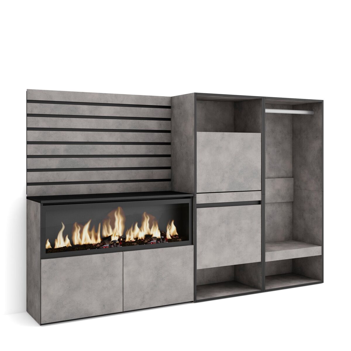 Aparador, con almacenamiento, 227x35x145cm, dormitorio, habitación, chimenea eléctrica xxl, zapatero, vestidor abierto, estilo moderno, cemento