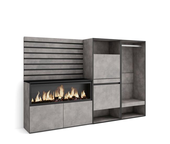 Aparador, con almacenamiento, 227x35x145cm, dormitorio, habitación, chimenea eléctrica xxl, zapatero, vestidor abierto, estilo moderno, cemento