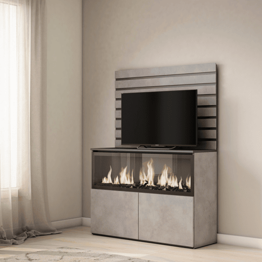 Aparador, Buffet, Amplo Espaço Armazenamento, 107x35x145cm, Para quarto, dormitório, Lareira eléctrica XXL, Estilo moderno, Cimento