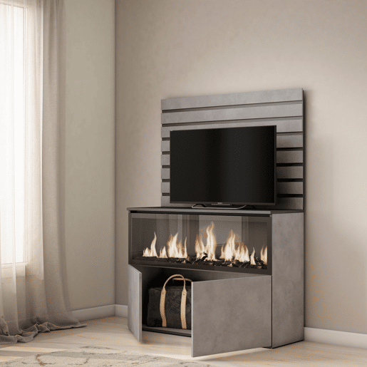 Aparador, Buffet, Amplo Espaço Armazenamento, 107x35x145cm, Para quarto, dormitório, Lareira eléctrica XXL, Estilo moderno, Cimento