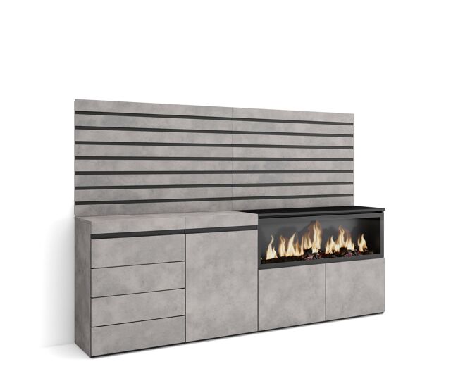 Aparador, con almacenamiento, 214x35x145cm, dormitorio, habitación, chimenea eléctrica xxl, cómoda, cajonera, estilo moderno, cemento