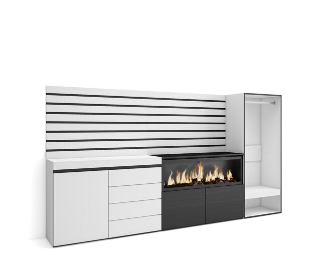 Aparador, con almacenamiento, 274x35x145cm, dormitorio, habitación, chimenea eléctrica xxl, cómoda, cajonera, vestidor abierto, estilo moderno, blanco