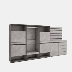Sapateira, Organização Armazenamento, 287x35x145cm, Para quarto, dormitório, Roupeiro aberto, Cómoda, Tiras Deco. Madeira, Estilo moderno, Cimento