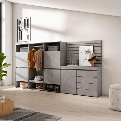 Sapateira, Organização Armazenamento, 287x35x145cm, Para quarto, dormitório, Roupeiro aberto, Cómoda, Tiras Deco. Madeira, Estilo moderno, Cimento Sapateira, Organização Armazenamento, 287x35x145cm, Para quarto, dormitório, Roupeiro aberto, Cómoda, Tiras Deco. Madeira, Estilo moderno, Cimento