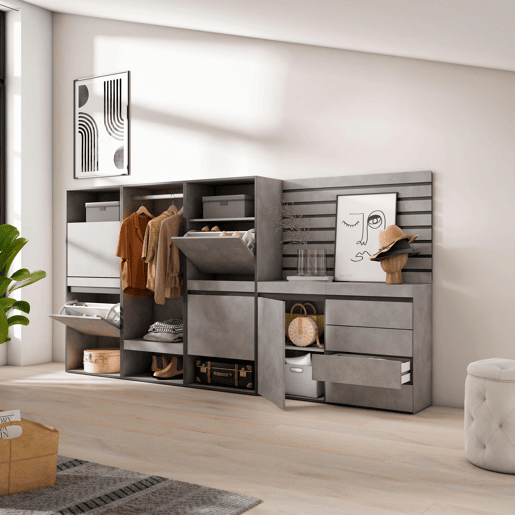 Sapateira, Organização Armazenamento, 287x35x145cm, Para quarto, dormitório, Roupeiro aberto, Cómoda, Tiras Deco. Madeira, Estilo moderno, Cimento Sapateira, Organização Armazenamento, 287x35x145cm, Para quarto, dormitório, Roupeiro aberto, Cómoda, Tiras Deco. Madeira, Estilo moderno, Cimento