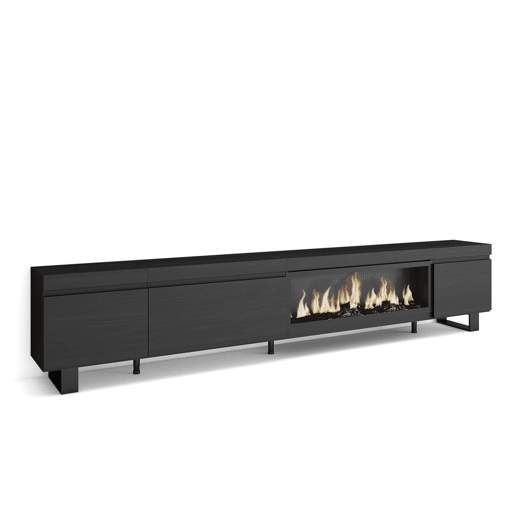 Móvel de TV, Muito espaço de arrumação, 288x35x57cm, TV de grande formato, Lareira eléctrica XXL, Design industrial, Estilo moderno, Preto