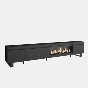 Móvel de TV, Muito espaço de arrumação, 288x35x57cm, TV de grande formato, Lareira eléctrica XXL, Design industrial, Estilo moderno, Preto