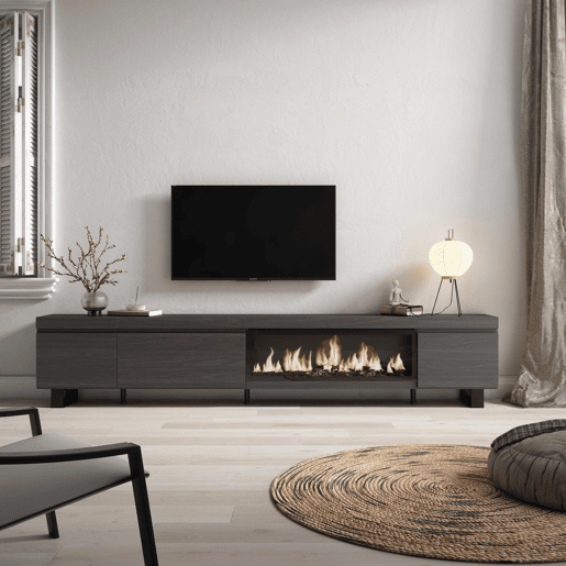 Móvel de TV, Muito espaço de arrumação, 288x35x57cm, TV de grande formato, Lareira eléctrica XXL, Design industrial, Estilo moderno, Preto