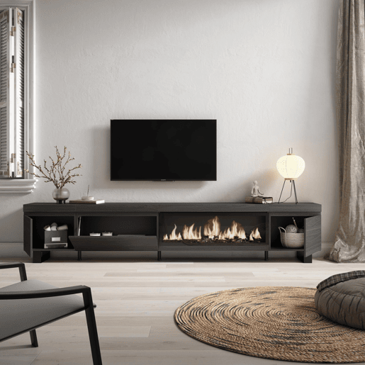 Móvel de TV, Muito espaço de arrumação, 288x35x57cm, TV de grande formato, Lareira eléctrica XXL, Design industrial, Estilo moderno, Preto