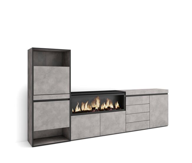 Zapatero, armario zapatos botas, 274x35x145cm, dormitorio, habitación, chimenea eléctrica xxl, cómoda, cajonera, estilo moderno, cemento