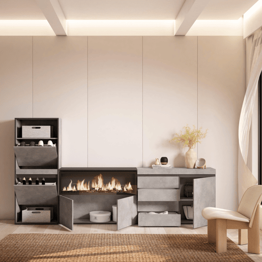 Sapateira, Organização Armazenamento, 274x35x145cm, Para quarto, dormitório, Lareira eléctrica XXL, Cómoda, Estilo moderno, Cimento Sapateira, Organização Armazenamento, 274x35x145cm, Para quarto, dormitório, Lareira eléctrica XXL, Cómoda, Estilo moderno, Cimento