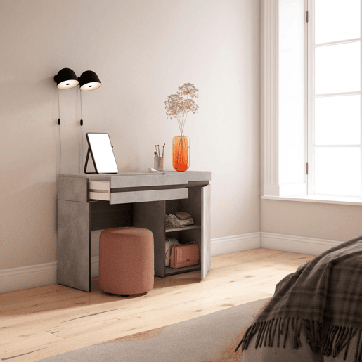 Toucador, Mesa com armazenamento, 121x35x75cm, Com gaveta, Quarto, Dormitório, Estilo moderno, Cimento Toucador, Mesa com armazenamento, 121x35x75cm, Com gaveta, Quarto, Dormitório, Estilo moderno, Cimento