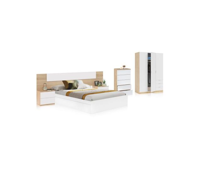 Dormitorio compuesto por 6 piezas en blanco artik y roble canadian akari 5c max blanco artik (blanco mate) - roble canadian 196 x 37 x cm