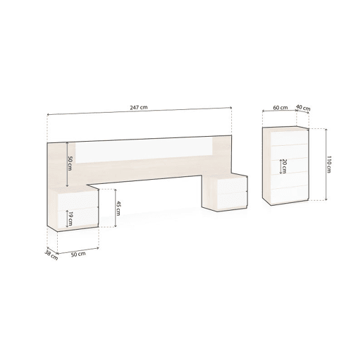 Dormitorio Akari Artik White (Branco mate) - Carvalho canadiano 247 x 95 x 38 cm