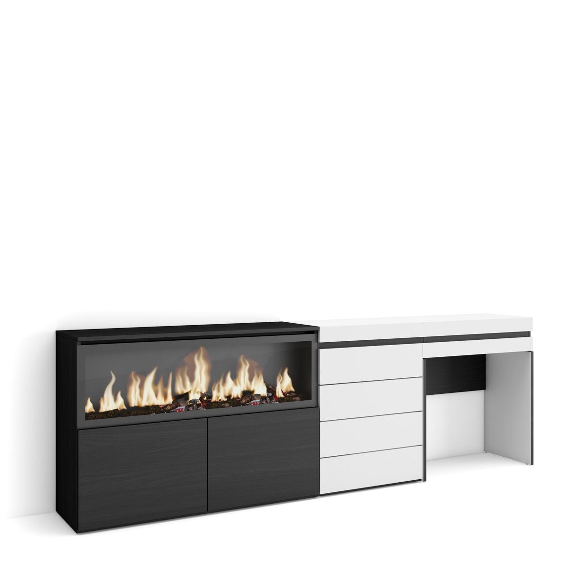 Tocador, dormitorio habitación, 234x35x75cm, con cajón, chimenea eléctrica xxl, cómoda, cajonera, estilo moderno, blanco