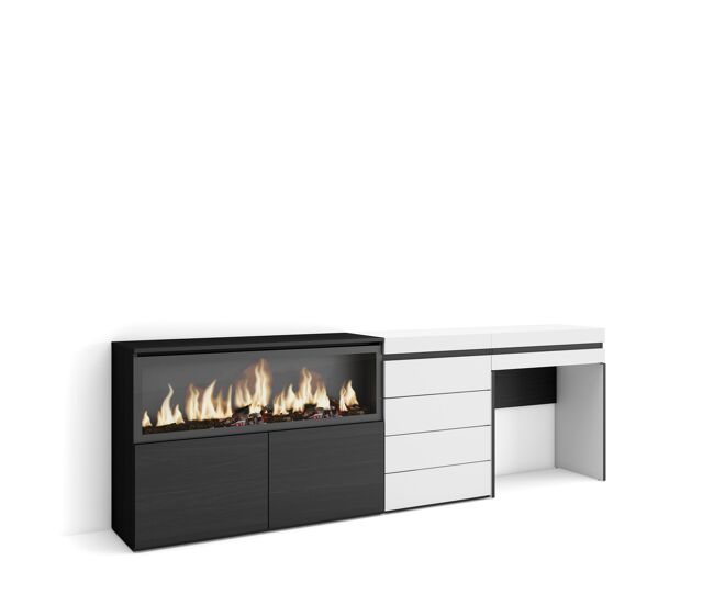 Tocador, dormitorio habitación, 234x35x75cm, con cajón, chimenea eléctrica xxl, cómoda, cajonera, estilo moderno, blanco