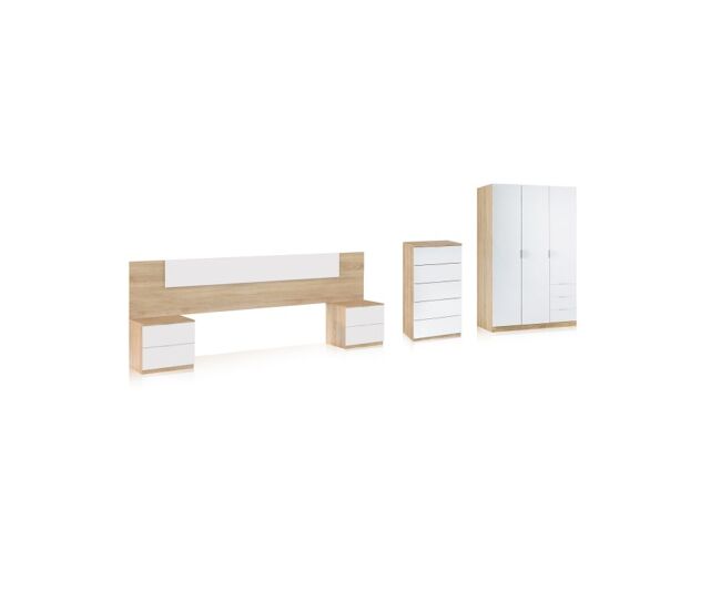 Dormitorio compuesto por 5 piezas en blanco artik y roble canadian akari 5c plus blanco artik (blanco mate) - roble canadian 247 x 95 x 38 cm