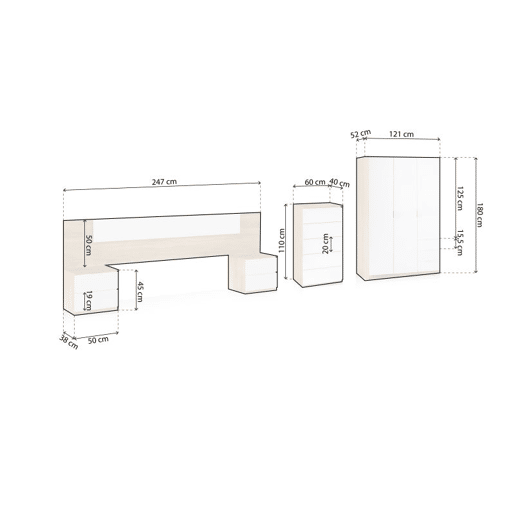 Dormitorio Akari 5C PLUS Artik White (Branco mate) - Carvalho canadiano 247 x 95 x 38 cm