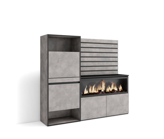 Zapatero, armario zapatos botas, 167x35x145cm, dormitorio, habitación, chimenea eléctrica xxl, listones decorativos, estilo moderno, cemento