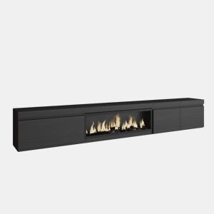 Móvel de TV, Muito espaço de arrumação, 288x35x45cm, TV de grande formato, Lareira eléctrica XXL, Suspensos, Estilo moderno, Preto