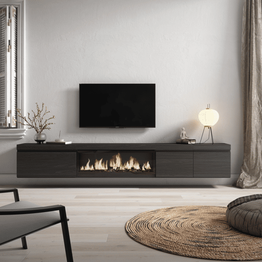 Móvel de TV, Muito espaço de arrumação, 288x35x45cm, TV de grande formato, Lareira eléctrica XXL, Suspensos, Estilo moderno, Preto