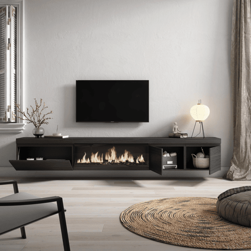 Móvel de TV, Muito espaço de arrumação, 288x35x45cm, TV de grande formato, Lareira eléctrica XXL, Suspensos, Estilo moderno, Preto