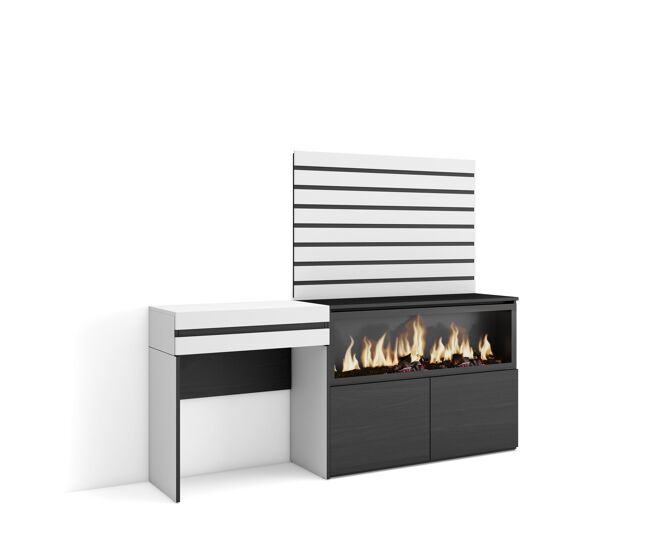 Tocador, dormitorio habitación, 177x35x145cm, con cajón, chimenea eléctrica xxl, listones decorativos, estilo moderno, blanco