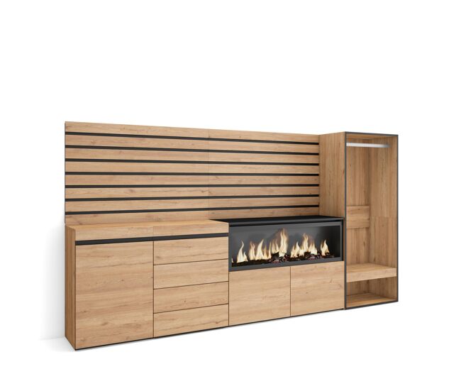 Aparador, con almacenamiento, 274x35x145cm, dormitorio, habitación, chimenea eléctrica xxl, cómoda, cajonera, vestidor abierto, estilo moderno, roble