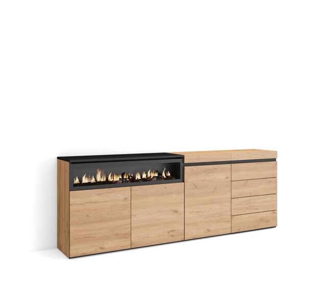 Aparador, con almacenamiento, 207x35x75cm, dormitorio, habitación, chimenea eléctrica, cómoda, cajonera, estilo moderno, roble