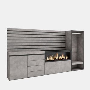 Aparador, Buffet, Amplo Espaço Armazenamento, 274x35x145cm, Para quarto, dormitório, Lareira eléctrica XXL, Cómoda, Roupeiro aberto, Estilo moderno, Cimento