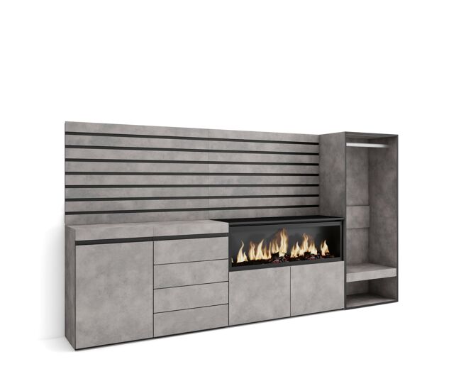 Aparador, con almacenamiento, 274x35x145cm, dormitorio, habitación, chimenea eléctrica xxl, cómoda, cajonera, vestidor abierto, estilo moderno, cemento