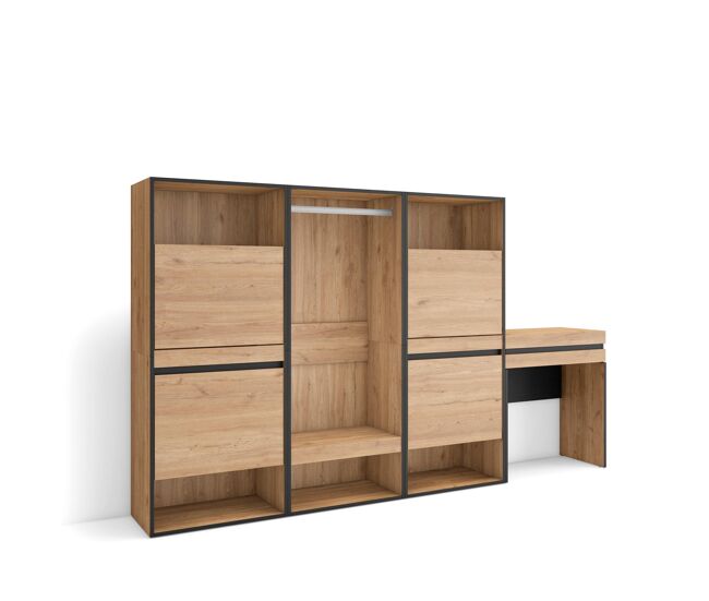 Zapatero, armario zapatos botas, 250x35x145cm, dormitorio, habitación, vestidor abierto, tocador, estilo moderno, roble