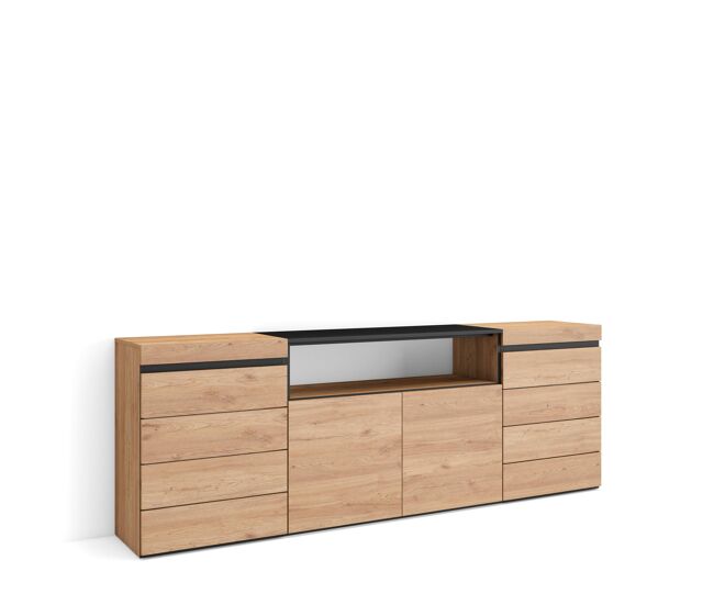Cómoda, cajonera, mueble auxiliar, 214x35x75cm, dormitorio, habitación, con almacenamiento, estilo moderno, roble