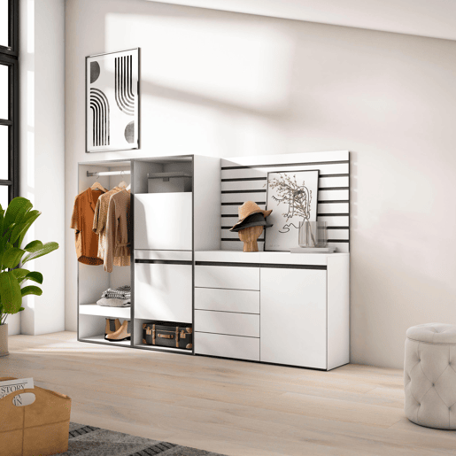 Sapateira, Organização Armazenamento, 227x35x145cm, Para quarto, dormitório, Roupeiro aberto, Cómoda, Tiras Deco. Madeira, Estilo moderno, Branco Sapateira, Organização Armazenamento, 227x35x145cm, Para quarto, dormitório, Roupeiro aberto, Cómoda, Tiras Deco. Madeira, Estilo moderno, Branco