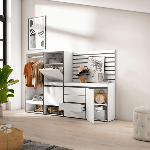 Sapateira, Organização Armazenamento, 227x35x145cm, Para quarto, dormitório, Roupeiro aberto, Cómoda, Tiras Deco. Madeira, Estilo moderno, Branco Sapateira, Organização Armazenamento, 227x35x145cm, Para quarto, dormitório, Roupeiro aberto, Cómoda, Tiras Deco. Madeira, Estilo moderno, Branco
