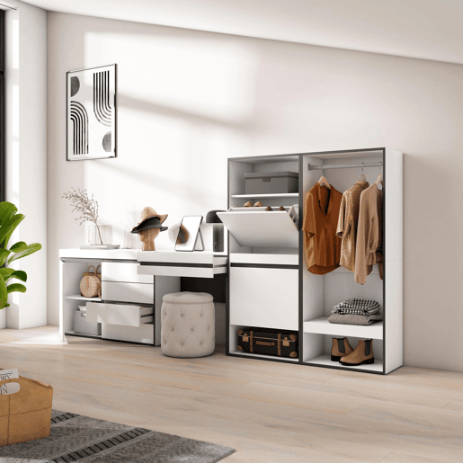 Sapateira, Organização Armazenamento, 297x35x145cm, Para quarto, dormitório, Roupeiro aberto, Cómoda, Toucador, Estilo moderno, Branco Sapateira, Organização Armazenamento, 297x35x145cm, Para quarto, dormitório, Roupeiro aberto, Cómoda, Toucador, Estilo moderno, Branco