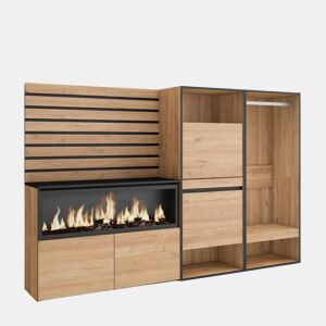 Aparador, Buffet, Amplo Espaço Armazenamento, 227x35x145cm, Para quarto, dormitório, Lareira eléctrica XXL, Sapateira, Roupeiro aberto, Estilo moderno, Carvalho