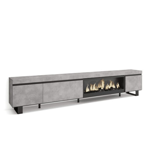 Móvel de TV, Muito espaço de arrumação, 288x35x57cm, TV de grande formato, Lareira eléctrica XXL, Design industrial, Estilo moderno, Cimento Móvel de TV, Muito espaço de arrumação, 288x35x57cm, TV de grande formato, Lareira eléctrica XXL, Design industrial, Estilo moderno, Cimento