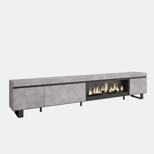 Móvel de TV, Muito espaço de arrumação, 288x35x57cm, TV de grande formato, Lareira eléctrica XXL, Design industrial, Estilo moderno, Cimento