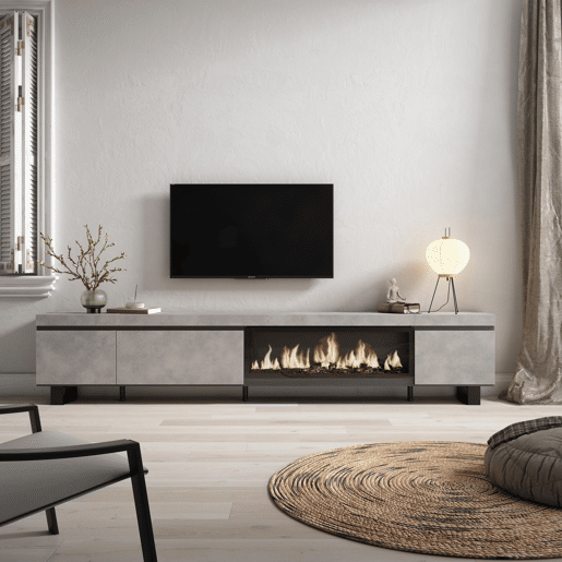 Móvel de TV, Muito espaço de arrumação, 288x35x57cm, TV de grande formato, Lareira eléctrica XXL, Design industrial, Estilo moderno, Cimento Móvel de TV, Muito espaço de arrumação, 288x35x57cm, TV de grande formato, Lareira eléctrica XXL, Design industrial, Estilo moderno, Cimento
