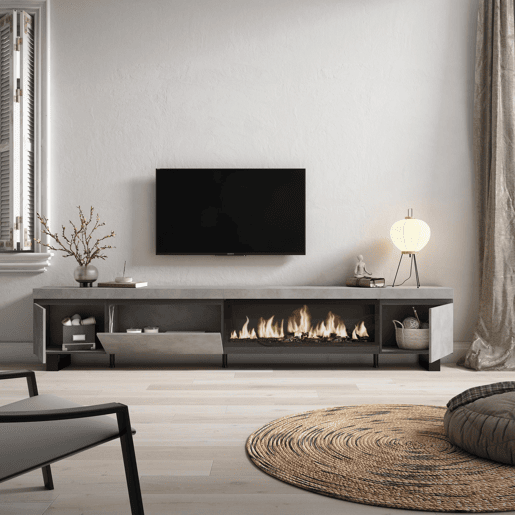 Móvel de TV, Muito espaço de arrumação, 288x35x57cm, TV de grande formato, Lareira eléctrica XXL, Design industrial, Estilo moderno, Cimento Móvel de TV, Muito espaço de arrumação, 288x35x57cm, TV de grande formato, Lareira eléctrica XXL, Design industrial, Estilo moderno, Cimento