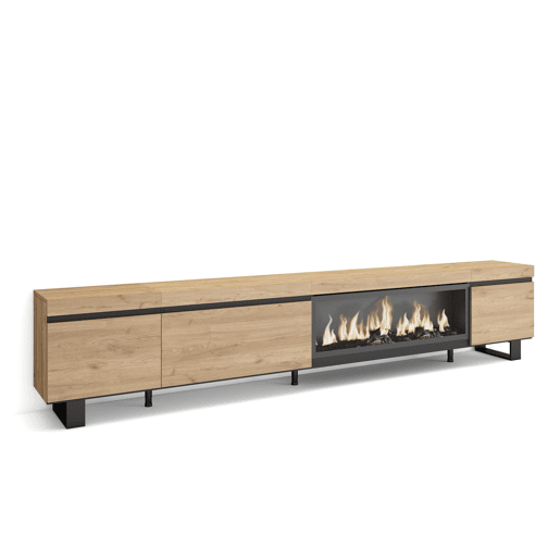 Móvel de TV, Muito espaço de arrumação, 288x35x57cm, TV de grande formato, Lareira eléctrica XXL, Design industrial, Estilo moderno, Carvalho