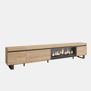 Móvel de TV, Muito espaço de arrumação, 288x35x57cm, TV de grande formato, Lareira eléctrica XXL, Design industrial, Estilo moderno, Carvalho