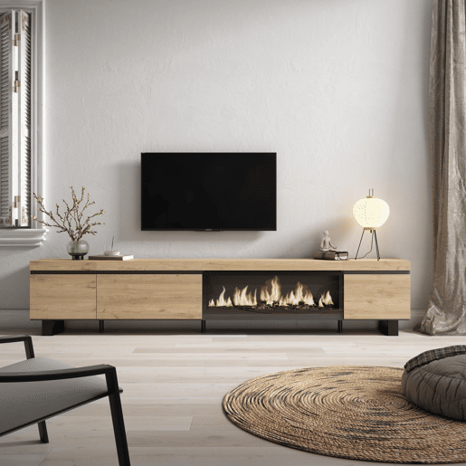 Móvel de TV, Muito espaço de arrumação, 288x35x57cm, TV de grande formato, Lareira eléctrica XXL, Design industrial, Estilo moderno, Carvalho