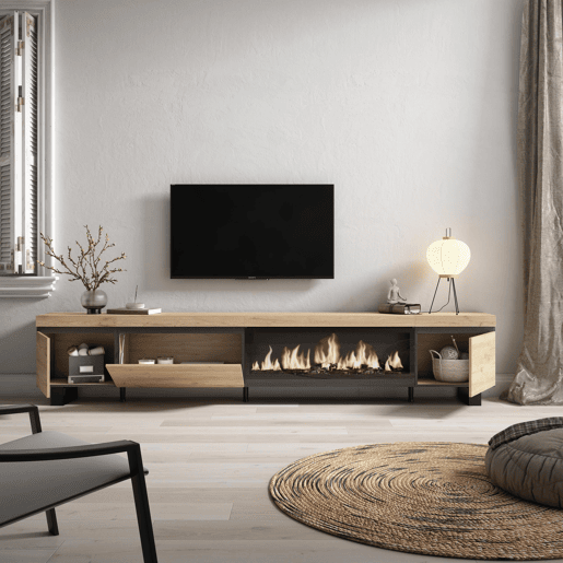 Móvel de TV, Muito espaço de arrumação, 288x35x57cm, TV de grande formato, Lareira eléctrica XXL, Design industrial, Estilo moderno, Carvalho