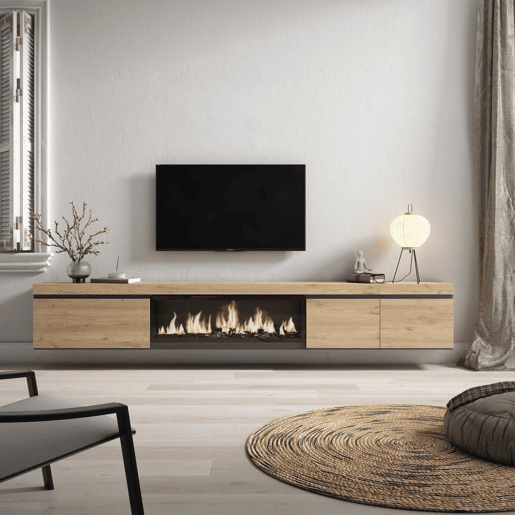 Móvel de TV, Muito espaço de arrumação, 288x35x45cm, TV de grande formato, Lareira eléctrica XXL, Suspensos, Estilo moderno, Carvalho